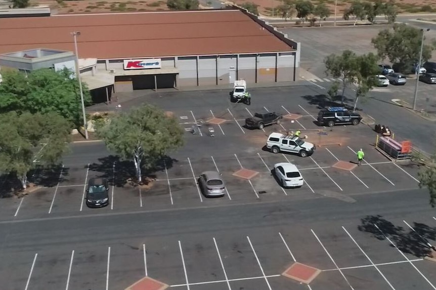 Drone shot of the South Hedland Shopping Centre and car park