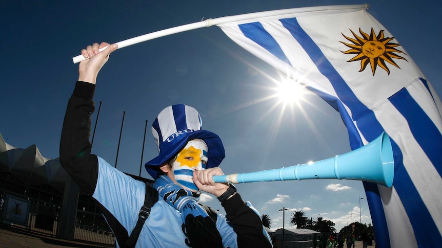 A Uruguay fan blows a vuvuzela before Uruguay v South Korea in Port Elizabeth at World Cup 2010.