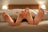 Feet in bed with sad faces drawn on them.