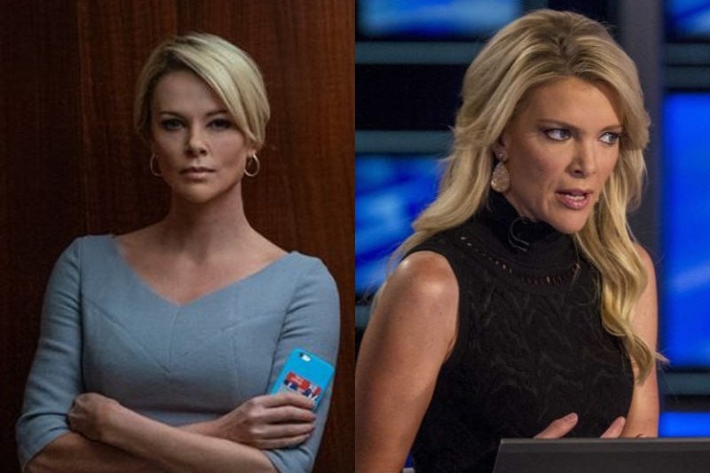 Actress Charlize Theron with arms folded, playing Megyn Kelly in film Bombshell. Megyn Kelly on right.