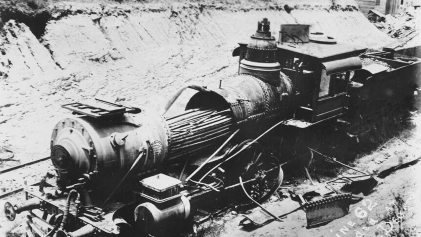 Steam locomotive after its boiler exploded in Brisbane in 1898.