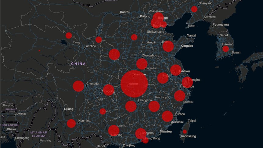 You see a grey inset map of China with red dots over Chinese provinces and regional neighbours including South Korea.