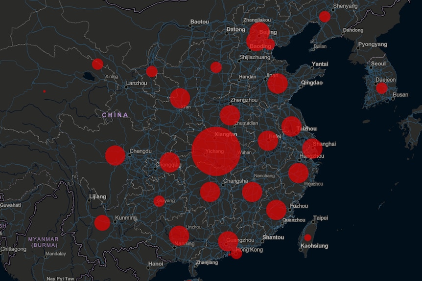 You see a grey inset map of China with red dots over Chinese provinces and regional neighbours including South Korea.