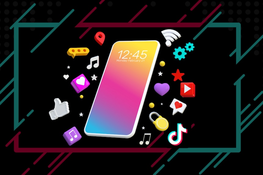 An image of an iPhone surrounded by app icons, including TikTok. 