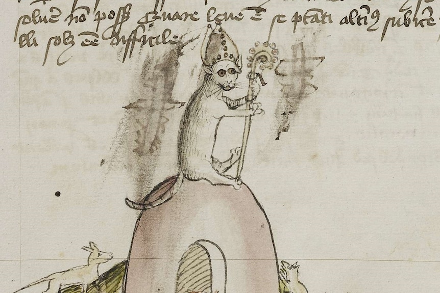 A drawing of a cat wearing a bishop's hat on top of a building surrounded by dogs