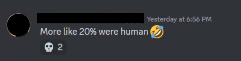 A screenshot of a post saying "more like 20% were human" with the laughing crying emoji.