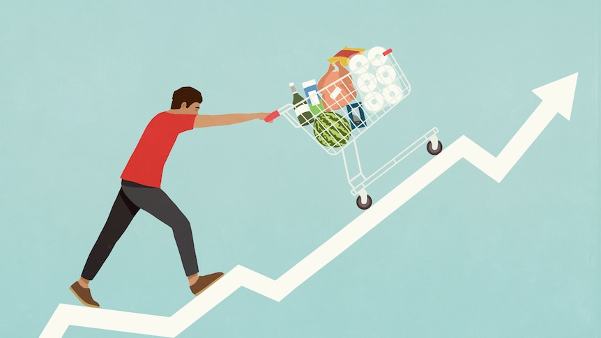 Man pushing shopping cart of groceries up line chart arrow