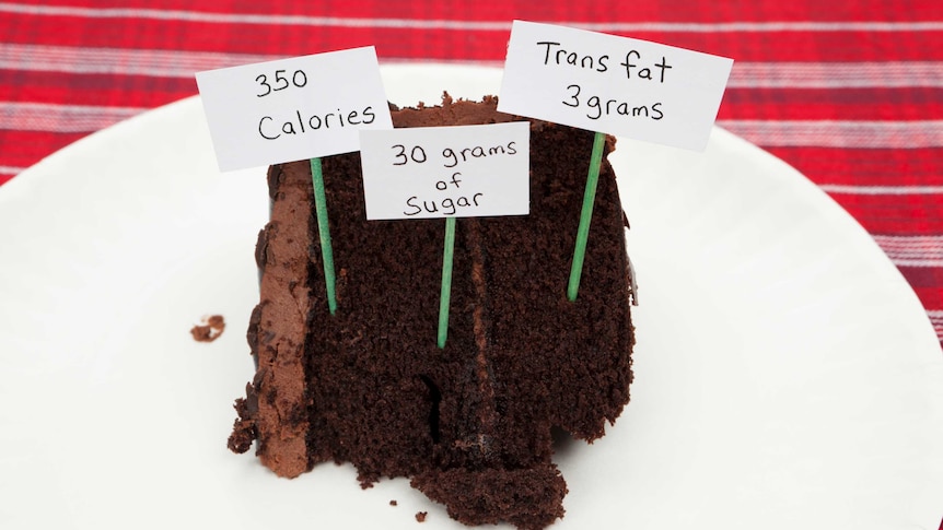 Serving of chocolate cake with nutrition labels for calories,350 total, sugar 30 grams and trans-fat 3 grams.