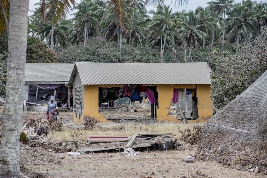 Person walks past a damaged building with palm trees in the background.