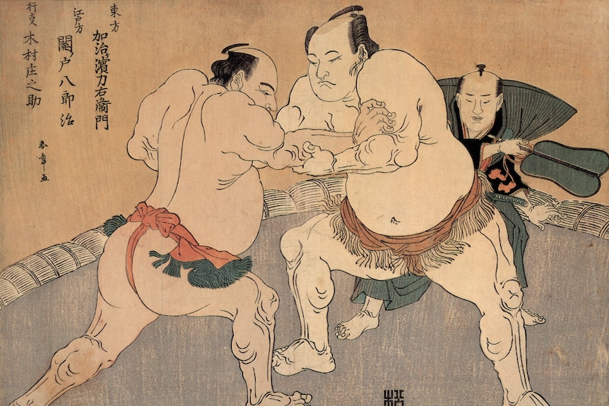 A Japanese print of sumo wrestlers 