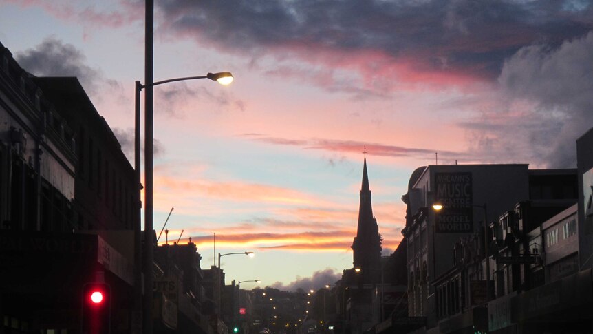 Sunset looking up Elizabeth Street in Hobart.