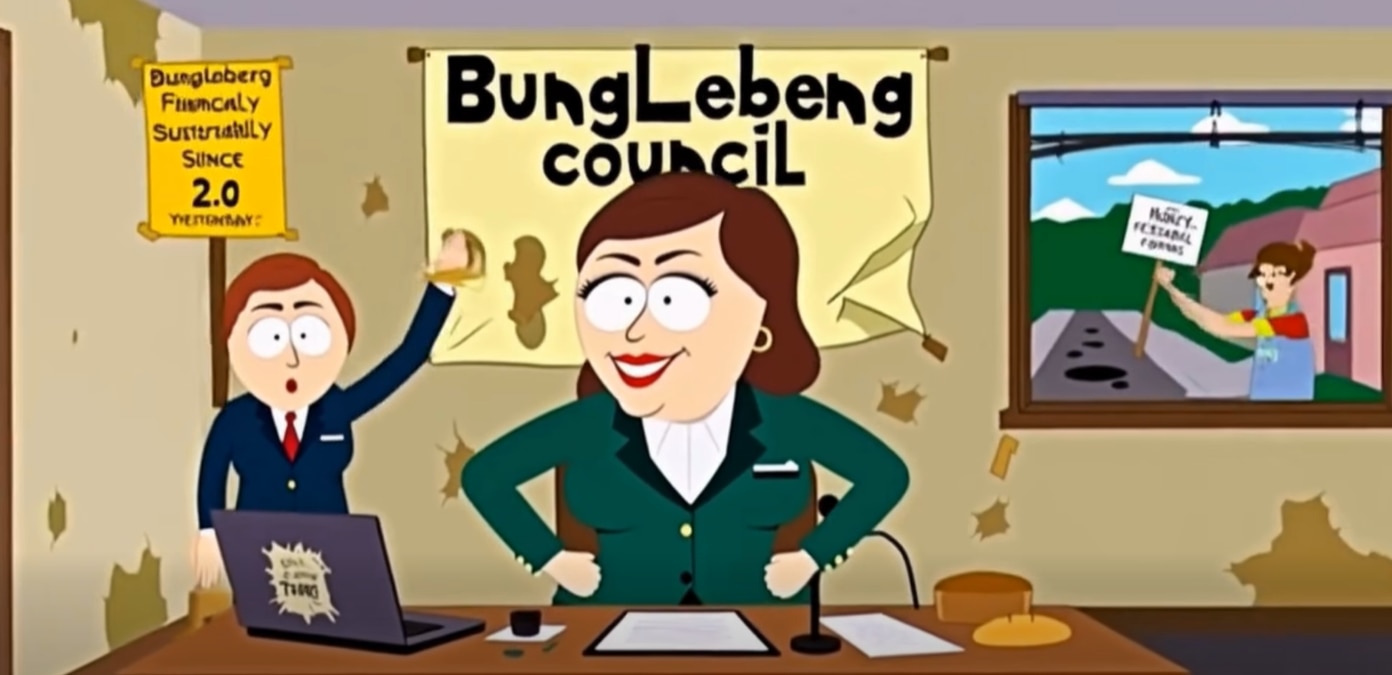 An AI-generated animation of a woman sitting behind a desk with her hands on her hips