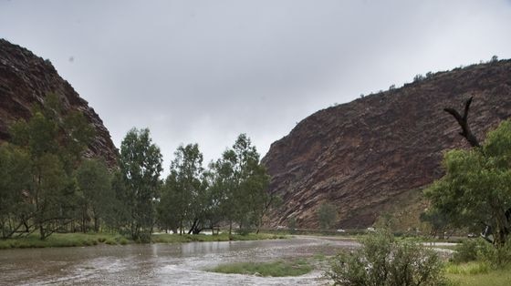 The normally dry Todd River is flowing near Alice Springs
