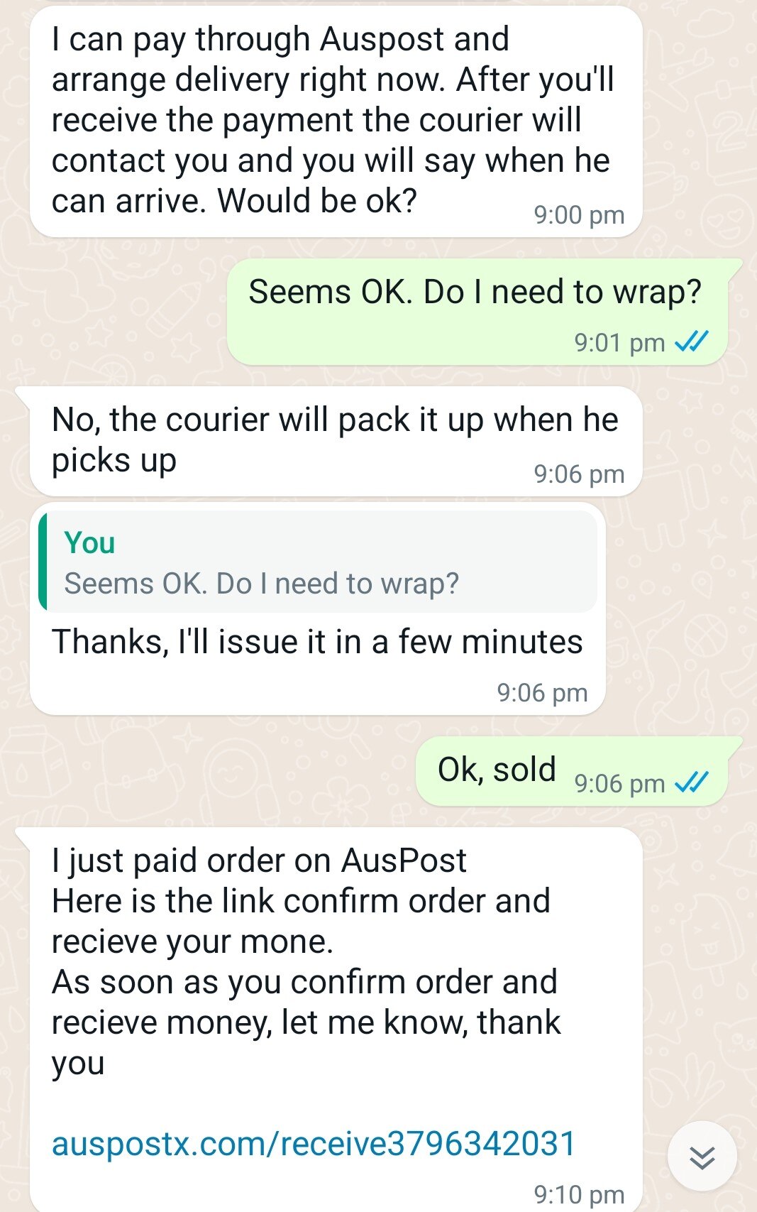 Linda screenshot messages received from a scammer, which included a link to an 'Australia Post' website.