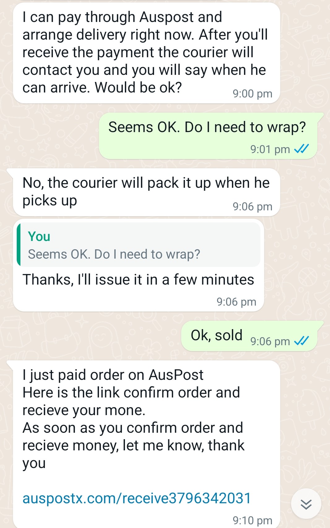 Linda screenshot messages received from a scammer, which included a link to an 'Australia Post' website.