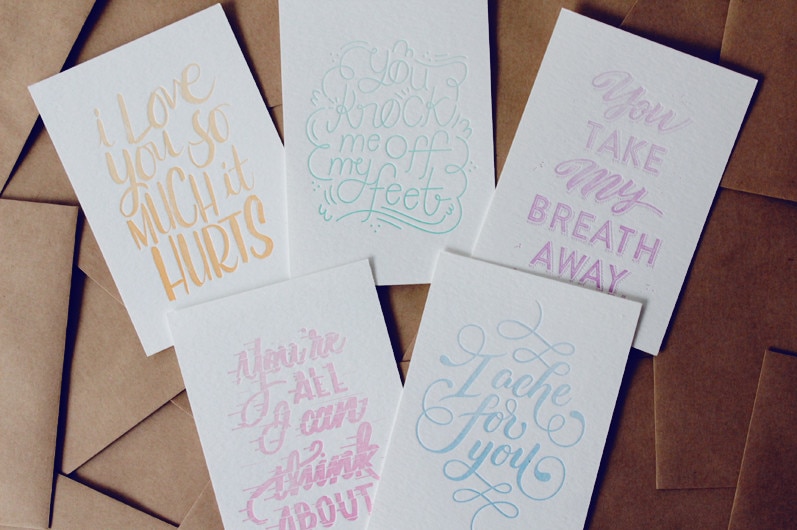 Five card designs including "I love you so much it hurts" and "You knock me off my feet".
