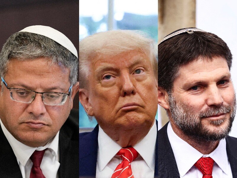 A composite image of Itamar Ben-Gvir, Donald Trump and Bezalel Smotrich.