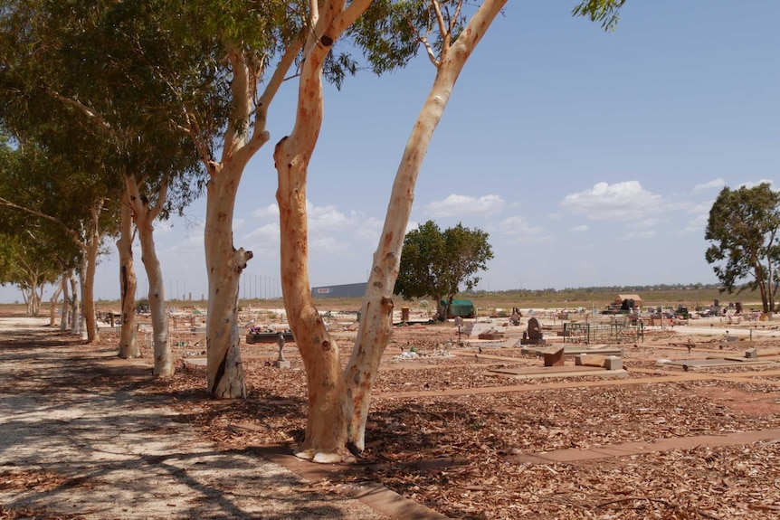 Graves at the Port Hedland Cemetery with a BHP sign in the background