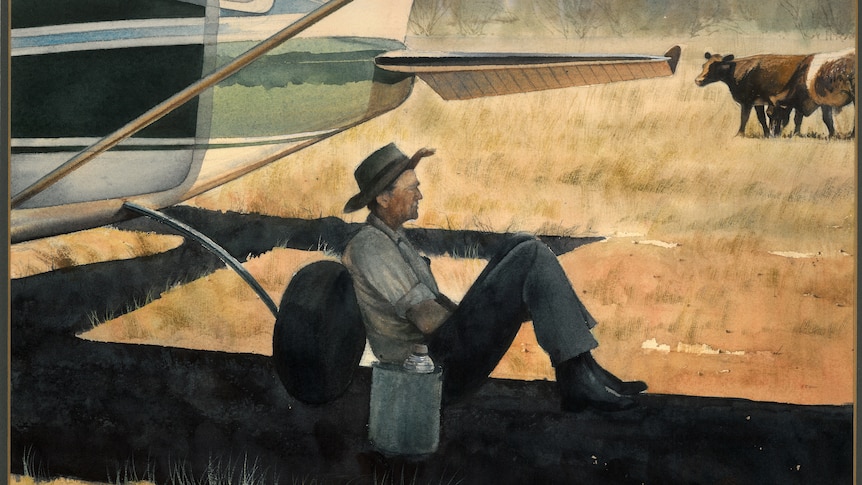 Painting of a man sitting in the shade under the wing of a small plane. There are cattle in the distance. 