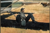 Painting of a man sitting in the shade under the wing of a small plane. There are cattle in the distance. 