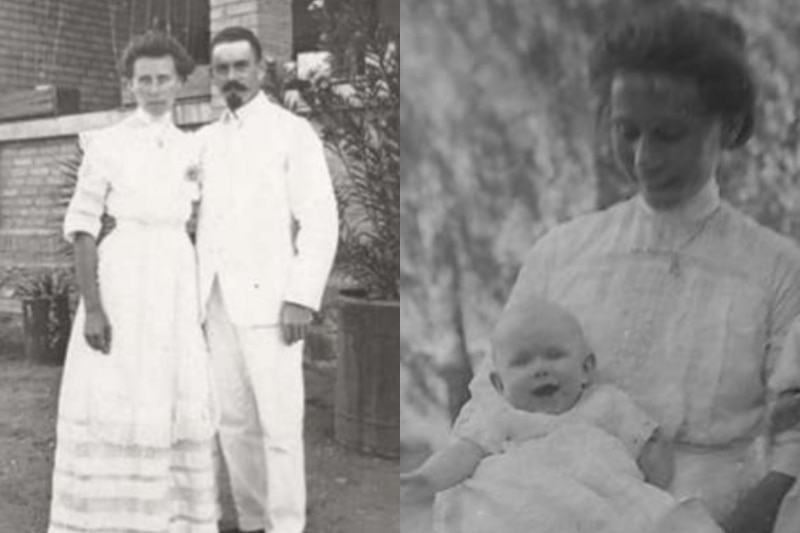 photo on left of wedding day and photo on right holding baby