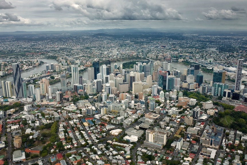 An aerial view of Brisbane city.