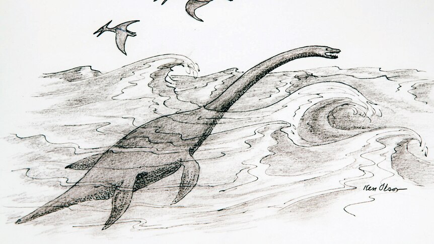 A sketch of a plesiosaur in the ocean.