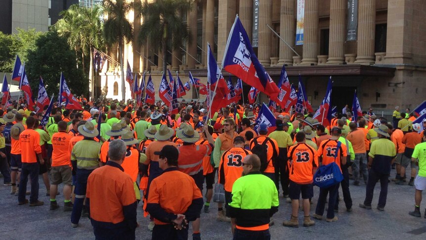 Unionists protest in Brisbane on May 6, 2013, against Qld Government changes to the May Day public holiday