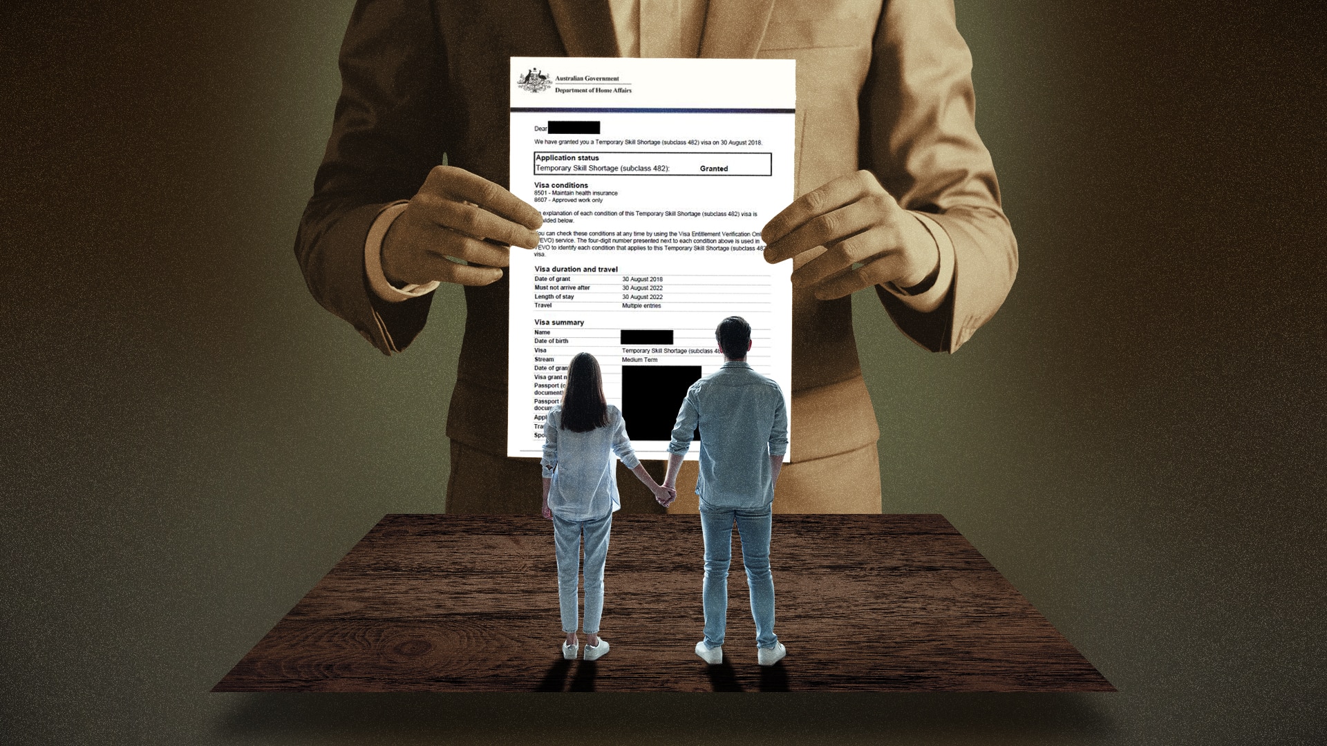 Graphic of a couple standing beneath an image of a migration agent.