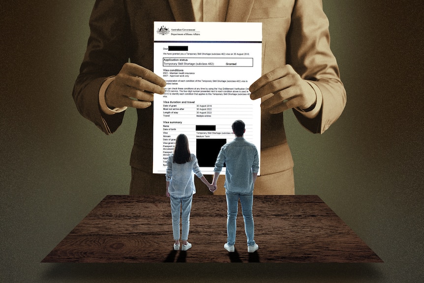 Graphic of a couple standing beneath an image of a migration agent.