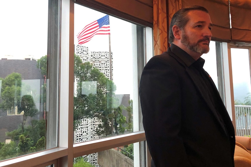 US Senator Ted Cruz wears all black in front of a window, where the US flag is seen.
