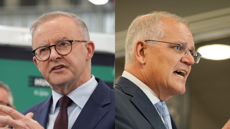 Composite image of Albanese and Morrison both speaking to media and gesturing. 