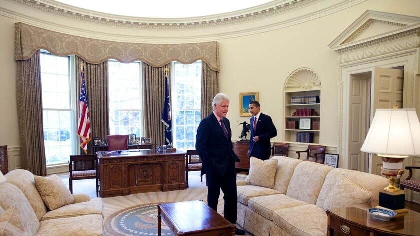 President Barack Obama meets with former president Bill Clinton in the Oval Office