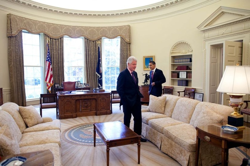 President Barack Obama meets with former president Bill Clinton in the Oval Office