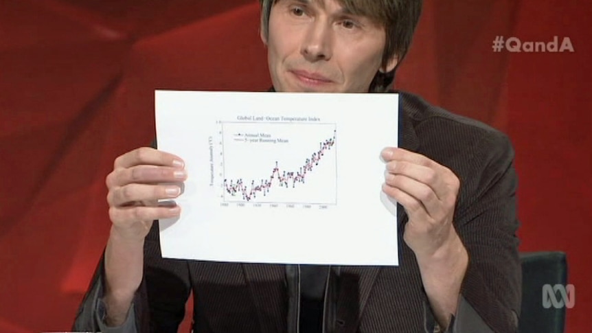 Professor Brian Cox holding a graph depicting rising global temperatures