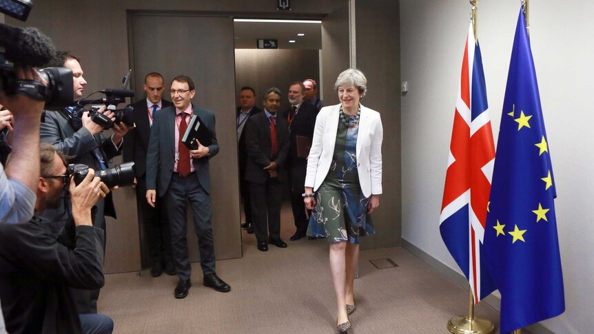 Theresa May walks into a room as photographers take her picture.