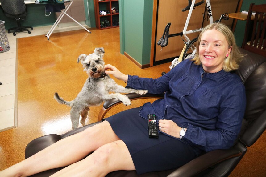 A woman watches TV on an armchair with a dog