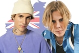Justin Bieber and The Kid LAROI composite with Australian flag superimposed on background.