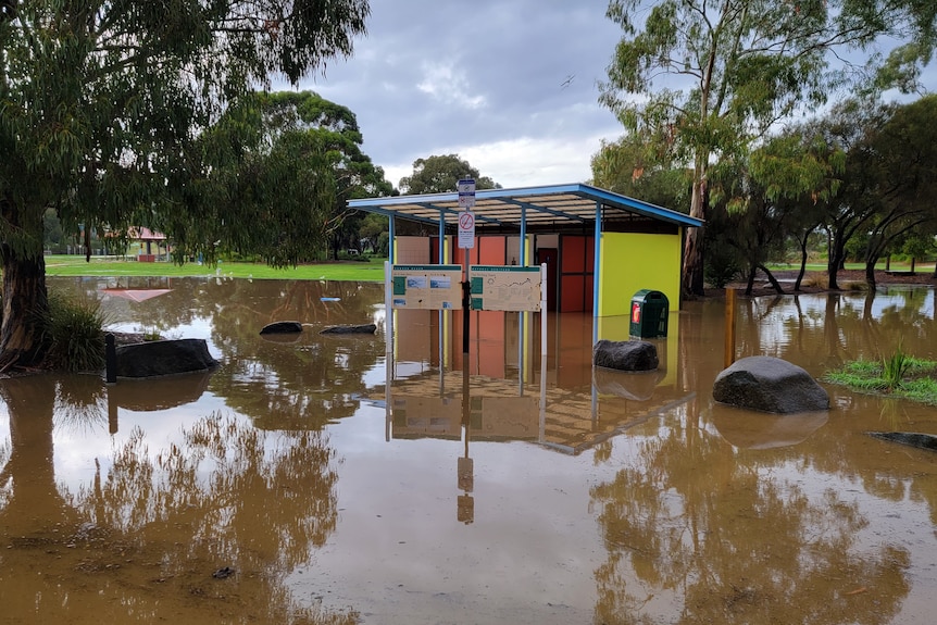 Floodwater across facilities at a park.