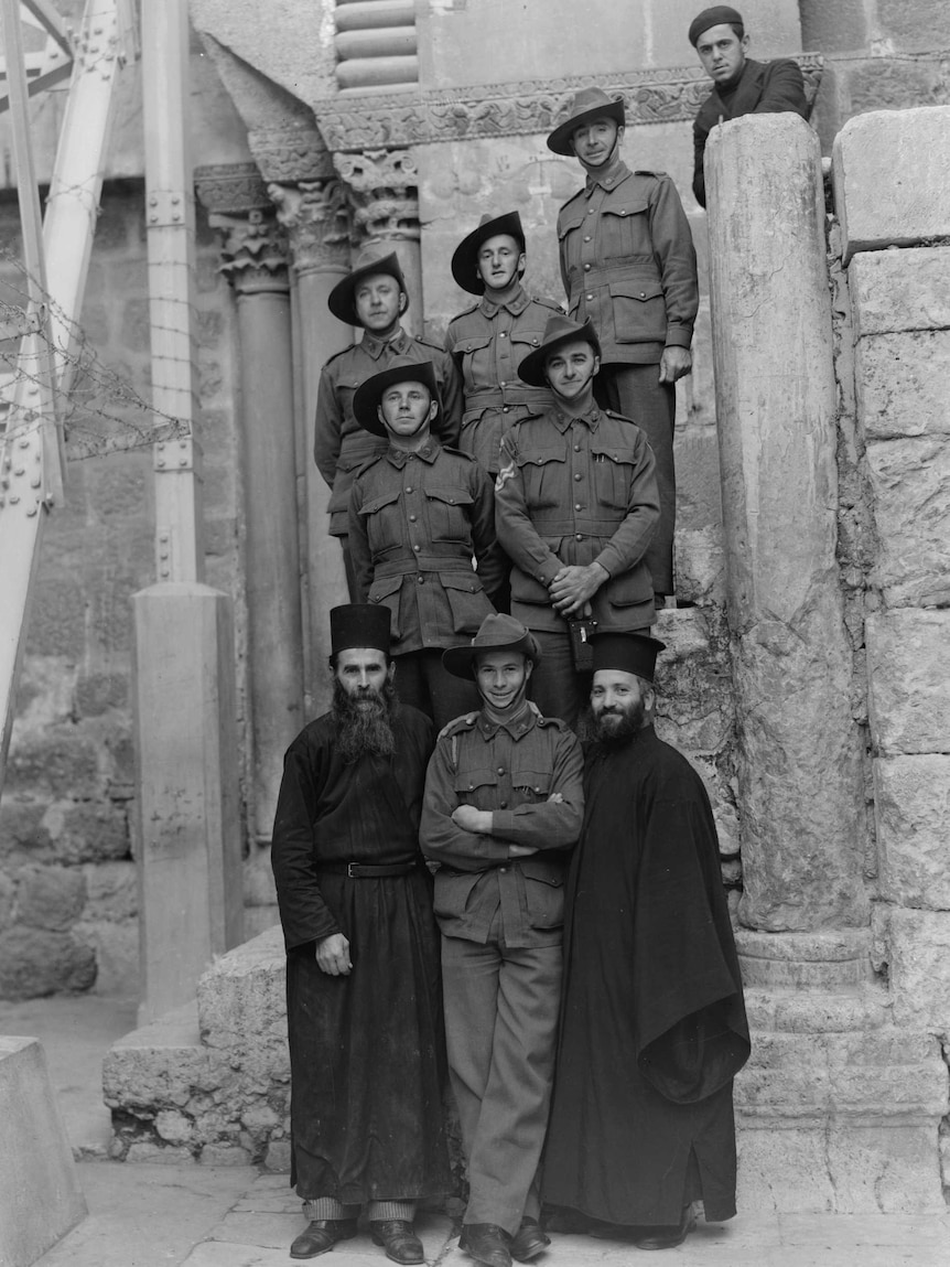 Australian soldiers and Greek monks at the Church of the Holy Sepulchre in Jerusalem in the early 1940s.
