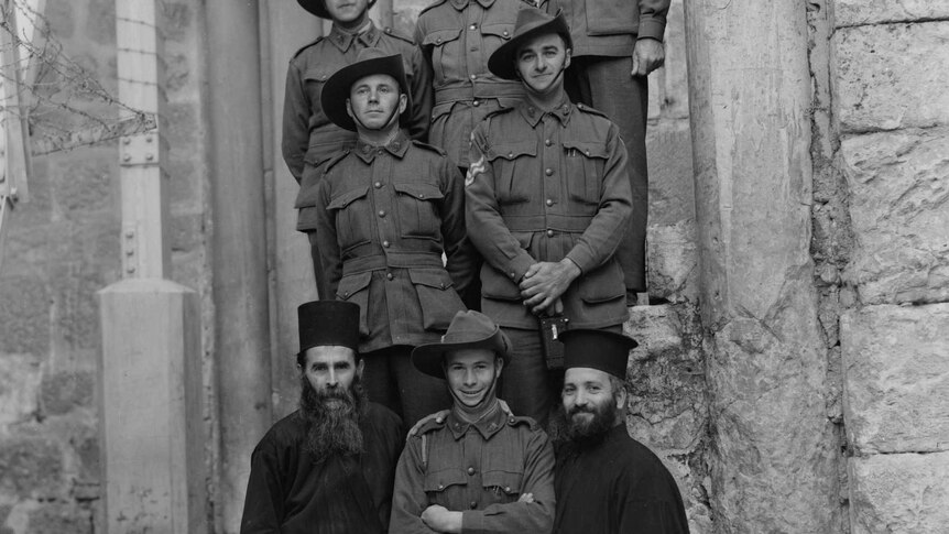 Australian soldiers and Greek monks at the Church of the Holy Sepulchre in Jerusalem in the early 1940s.