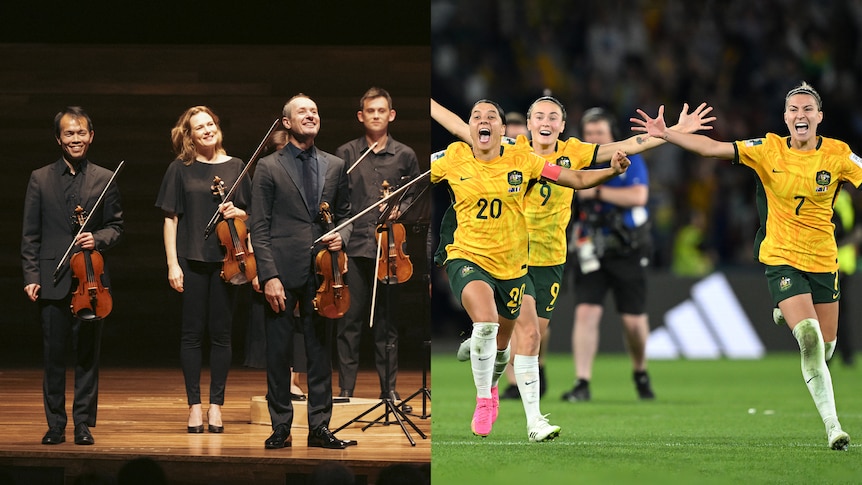 A photo of the ACO preparing to bow on stage sits next to a photo of three Matildas running across the field in celebration
