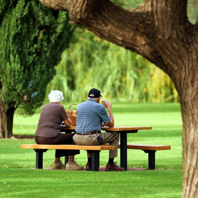An elderly couple sit at a picnic table in a green park.