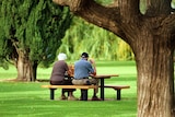 An elderly couple sit at a picnic table in a green park.