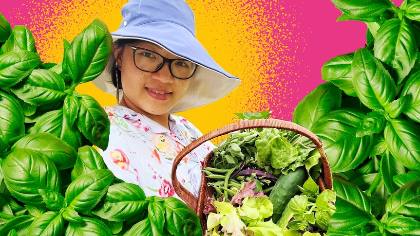 Yen Nguyen in a garden with basil, in a story about how to grow basil in cooler climates.