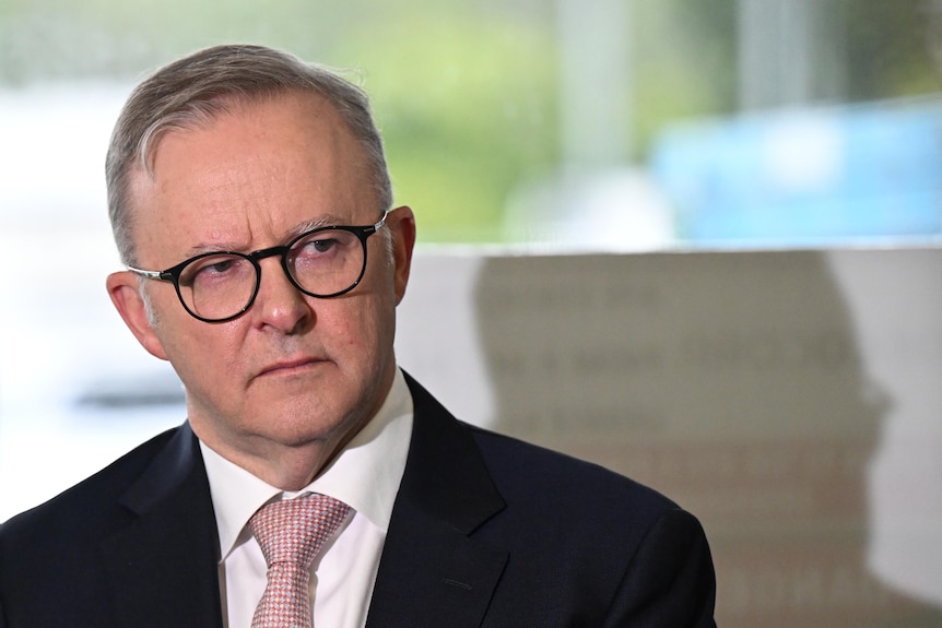 A close up of Anthony Albanese in a suit and tie, wearing glasses
