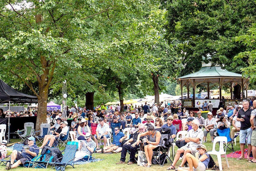 A crowd of people sit on lawn chairs at Festivale Launceston.