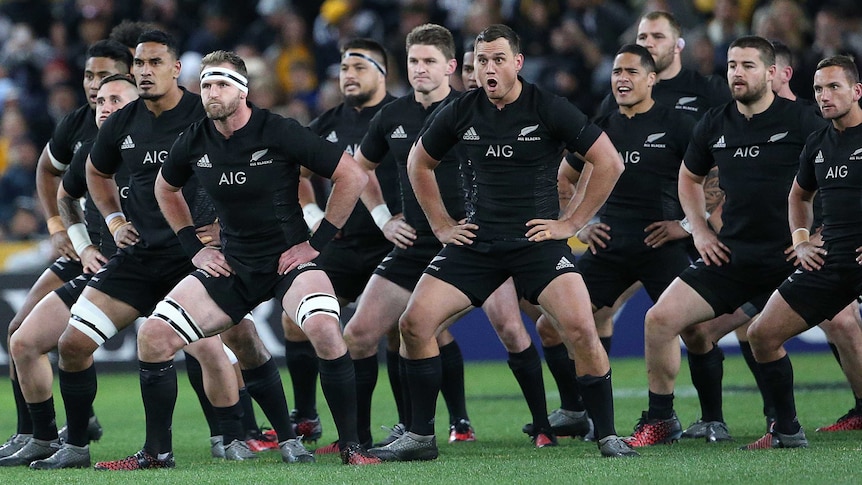 The New Zealand All Blacks perform the Haka before the Bledisloe Cup rugby union match against Australia in Sydney on August 20, 2016.