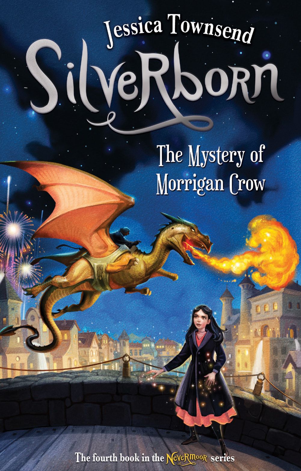 A book cover showing a dark-haired girl looking up at a fire-breathing dragon at night, illuminated buildings behind them