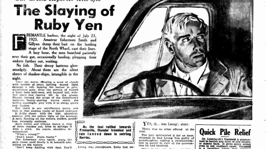 A copy of an old newspaper article with the headline "slaying of ruby yen"